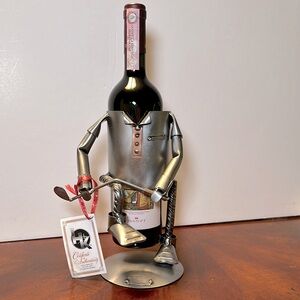 H&K Sculpture Golfer Man Steel Metal  Wine Bottle Caddy.
